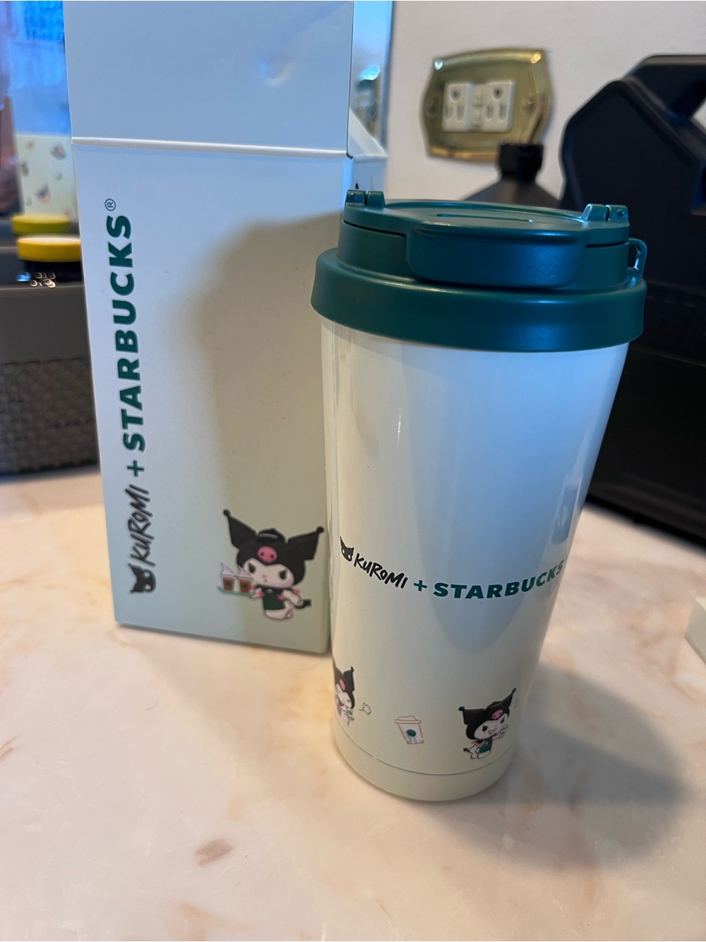 Starbucks Kids White Tumbler with Green Lid Kuromi Design with keychain bundle